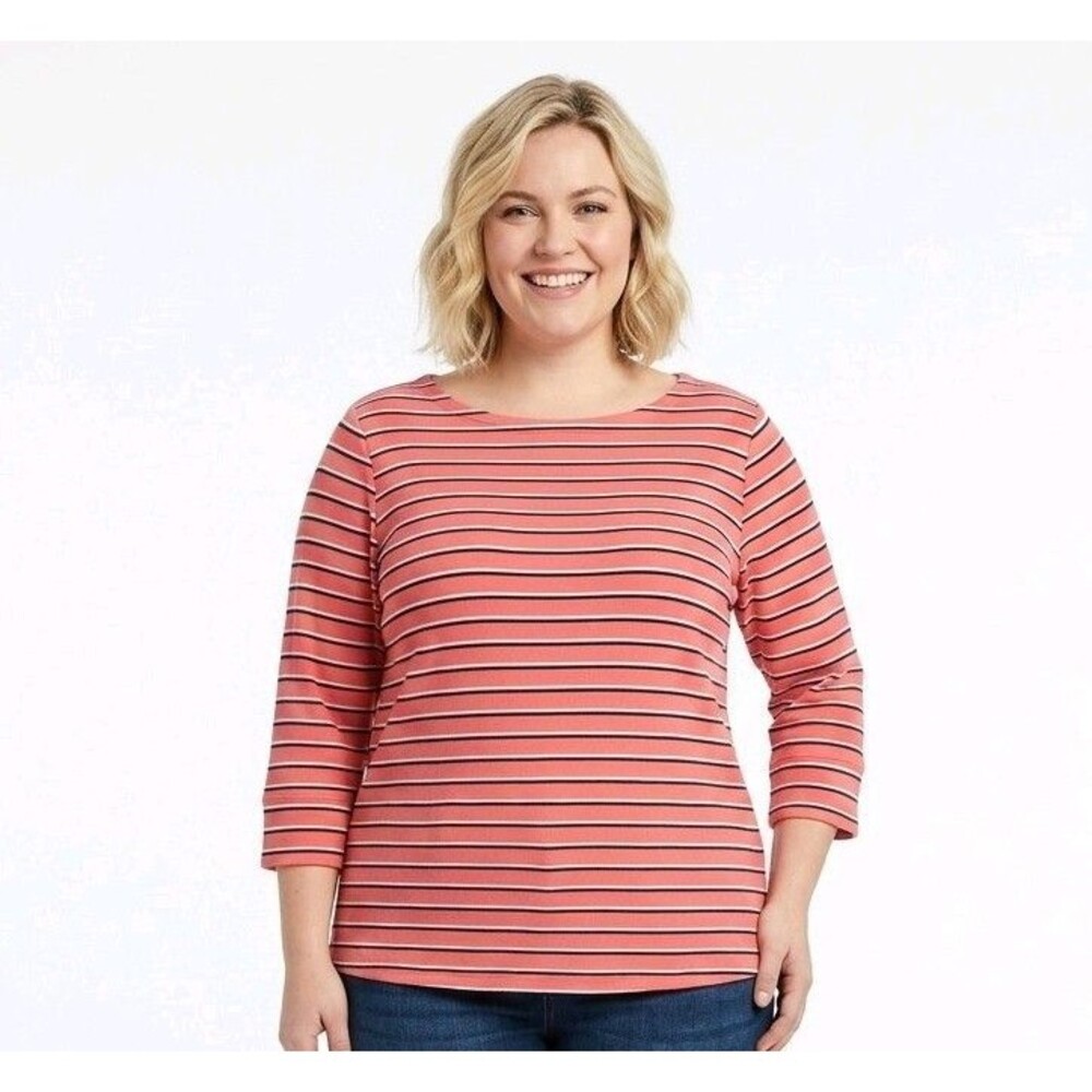 Nautica Womens 2XL Top Coral White Navy Striped Knit Boat Neck 3/4 Sleeve